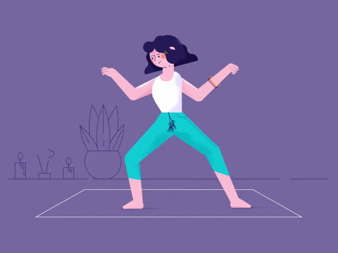 An animated person practices yoga.