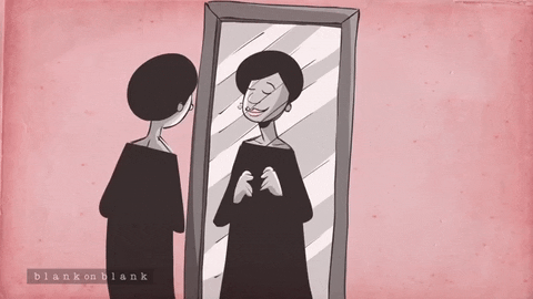 A GIF of an animated person looks at themselves in the mirror. The reflection then jumps out of the mirror to hug the person.